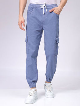 The Indian Garage Co - Men Regular Fit Overdyed Mid Rise Stretchable Denim Cargo Joggers Teal