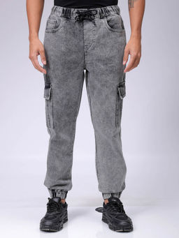 The Indian Garage Co - Men Regular Fit Solid Mid Rise Stretchable Denim Cargo Joggers Grey