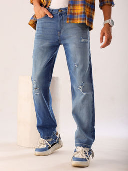 The Indian Garage Co - Men Vintage Straight Fit Distressed Mid Rise Jeans Blue