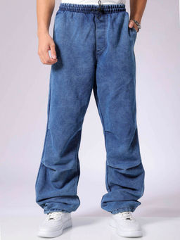 The Indian Garage Co - Men Baggy Solid Mid Rise Denim Joggers Blue