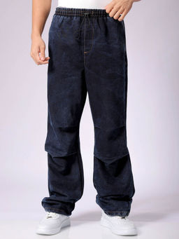 The Indian Garage Co - Men Baggy Solid Mid Rise Denim Joggers Blue