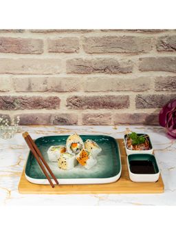 EZ Life - Plum Rectangle Plate 1 Plate 2 Dip Bowls on Wooden Tray Green & White