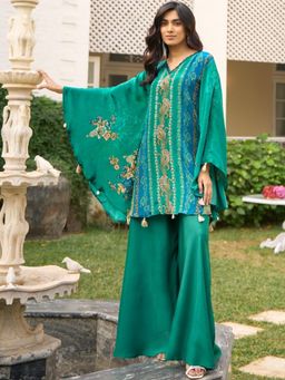 Autumnlane - Aster Peacock Premium Fusion Top with Palazzo - Teal