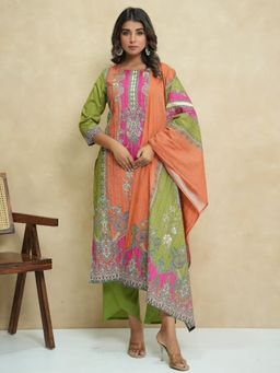 Autumnlane - Baga Apricot Cotton Kurta with Pant and Dupatta- Multi-Color