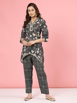 Clora Creation - Bottle Green Floral Embellished Kurti with Pant