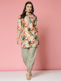 Clora Creation - Floral Embellished Shirt Kurti With Printed Salwar Pant - Multi-Color