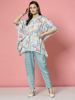 Clora Creation - Floral Kaftan With Lace Detail Checkered Pant - Blue