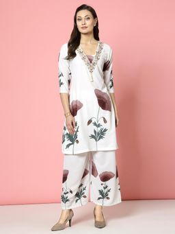 Clora Creation - White Floral Embellished V-Neck Co-Ord Set
