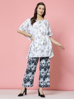 Clora Creation - Floral Drawstring Kaftan With Geometric Print Pant - White