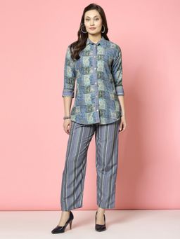 Clora Creation - Printed Shirt Striped Pant - Blue