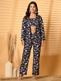 Clora Creation - Navy Blue Dola Silk Bustier with Pant and Jacket
