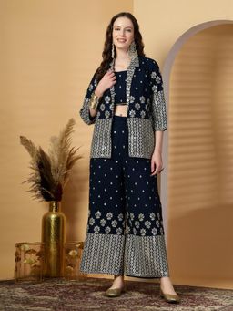 Clora Creation - Peacock Pure Georgette Sequinned Crop Top With Palazzo And Jacket - Navy Blue
