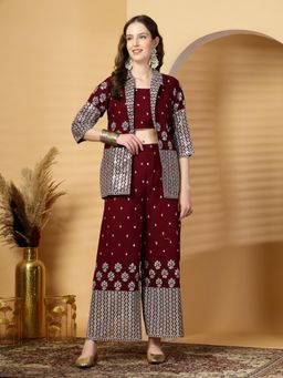 Clora Creation - Pure Georgette Sequinned Crop Top With Palazzo And Jacket - Maroon