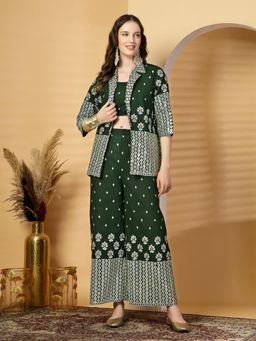 Clora Creation - Bottle Green Pure Georgette Sequinned Crop Top With Palazzo And Jacket
