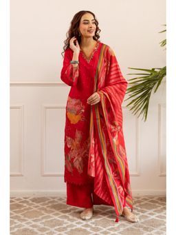 Autumnlane - Kabool Hibiscus Work Kurta with Palazzo and Dupatta - Red
