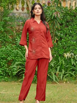 KAFTANIZE - Cherry Red Roman Silk Embroidered Co-Ord Set