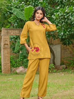KAFTANIZE - Yellow Base Lotus Motif Embroidered Co-Ord Set In Roman Silk