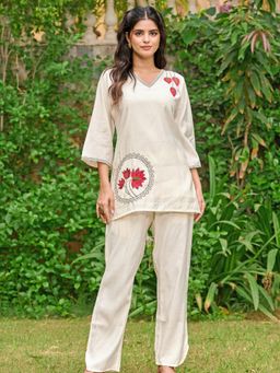 KAFTANIZE - Off White Embroidered Co-Ord Set In Roman Silk