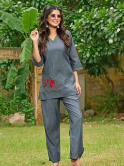 KAFTANIZE - Grey Embroidered Co-Ord Set In Roman Silk