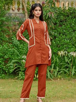 KAFTANIZE - Tangerine Contrast Lace Detail Cotton Flex Co-Ord Set - Rust