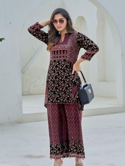 KAFTANIZE - Purple All-over Ethnic Motif Printed A-Line Embellished Co-Ord Set