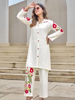 KAFTANIZE - Thread Placement Floral Embroidery Co-Ord Set - White