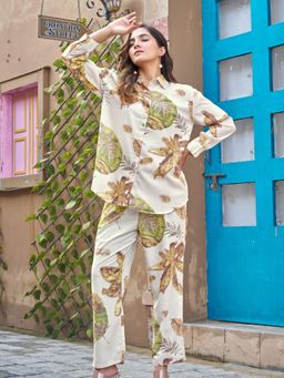 KAFTANIZE - Camel Color Tropical Printed Embellished Co-Ord Set - Multi-Color