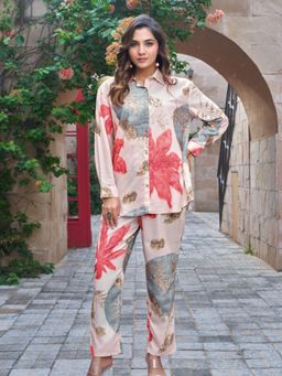 KAFTANIZE - Sand Color Base With Bold Grey / Pink Color Tropical Printed Embellished Co-Ord Set