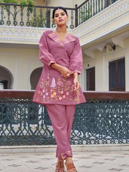 KAFTANIZE - Placement Embroidered Sequin Work Detailed Front Embroidered Co-Ord Set - Mauve