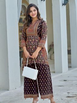 KAFTANIZE - All-over Ethnic Motif Printed Embellished Co-Ord Set - Brown