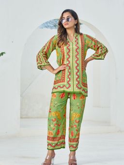 KAFTANIZE - Abstract Placement Floral And Stripe Printed Co-Ord Set - Green