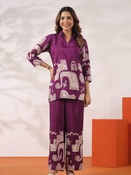 KAFTANIZE - Bold Purple Abstract Placement Tribal Elephant Rainbow Geometrics Print Co-Ord Set