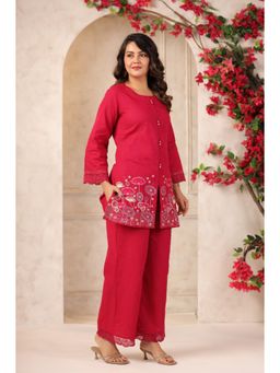 Autumnlane - Mahua Carmine Embroidery Cotton Kurti with Palazzo - Pink