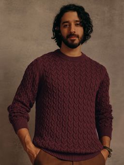 Andamen - Men Cabling Burgundy Cotton Blend Regular Fit Pullover Sweater