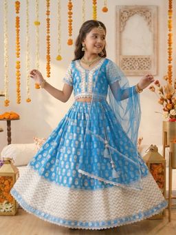 PSPeaches - Sky Blue Floral Printed Lehenga and Choli With Dupatta
