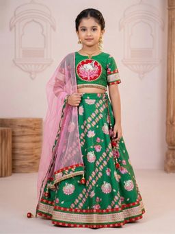 PSPeaches - Green Floral print Lehenga and Choli With Dupatta