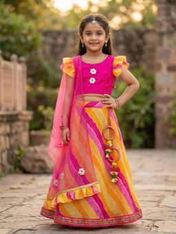 PSPeaches - Girls Pink Lehariya Print Lehenga and Choli With Dupatta