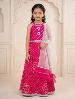 PSPeaches - Magenta Bandhani Printed Lehenga and Choli With Dupatta
