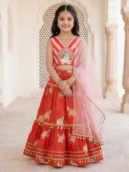 PSPeaches - Girls Red Ethnic Printed Lehenga and Choli With Dupatta