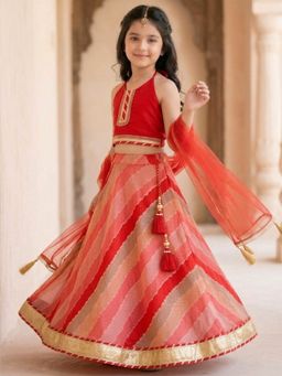 PSPeaches - Red leheriya Print Lehenga and Choli With Dupatta