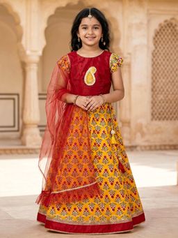 PSPeaches - Red Floral Print lehengha and Choli With Dupatta