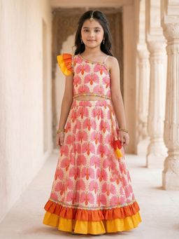 PSPeaches - Girls Off-White Ethnic Peacock Print Cotton Flared Top With L