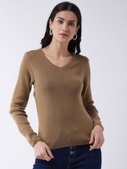RVK - Women Camel Brown Solid Pullover Sweater