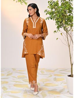 Lakshita - Aira Watermelon Mustard Embroidered Cotton Linen Kurta and Pant (Set of 2)