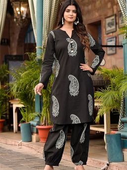 Aravalii - Black Cotton Paisley Printed Straight Kurta with Salwar (Set of 2)
