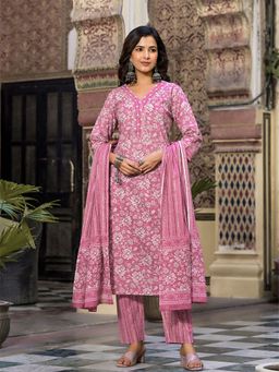 Aravalii - Pink Floral Printed Kurta with Pant & Dupatta (Set of 3)