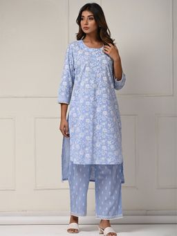 Aravalii - Sky Blue Khadi Floral Printed Co-Ord (Set of 2)