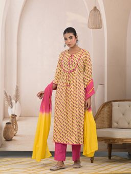 Aravalii - Yellow Sunshine Bloom Floral Print Anarkali Kurta with Pant & Dupatta (Set of 3)
