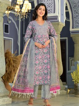 Aravalii - Grey Slate Bloom Crimson Charm Handblock Kurta with Pant & Dupatta (Set of 3)