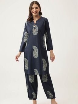 Aravalii - Navy Blue Cotton Paisley Print Hem Cuffed Co-Ord (Set of 2)